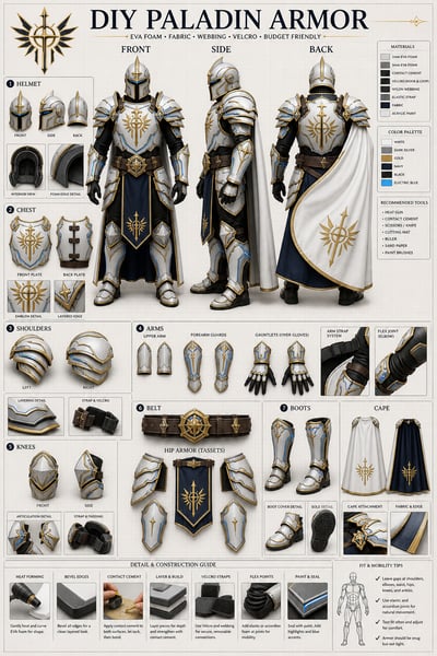 DIY EVA foam paladin armor sheet with front, side, and back views, component panels, tools, and mobility details