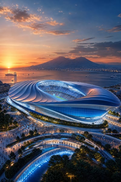 Futuristic wave-roof football stadium overlooking the Bay of Naples and Mount Vesuvius at sunset