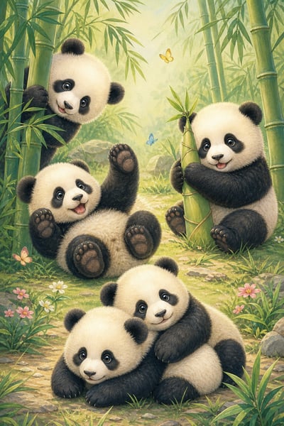 Five baby pandas playing and cuddling among bamboo, flowers, and butterflies in a pastel storybook scene
