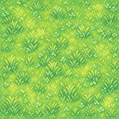 Top-down pastel pixel grass texture with mint and emerald tufts, warm highlights, and clover-like specks