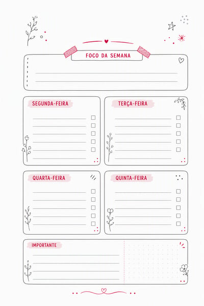 Planner semanal em português com quatro blocos de dias, foco da semana, notas, caixas de seleção e detalhes florais