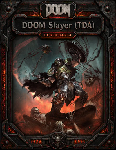 DOOM Slayer dark-fantasy trading card with armored warrior, chained weapon, fiery battlefield and weathered black-metal frame