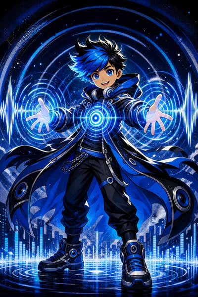Blue-haired anime hero in a dark cloak with cyan sound-wave rings around his open hands and chest