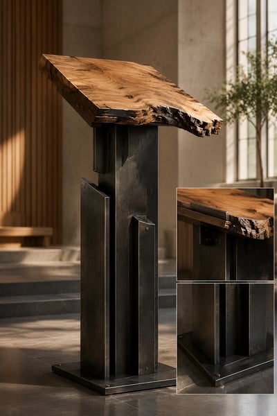 Modern lectern with a live-edge wood top and three folded black-steel supports, shown with detail insets
