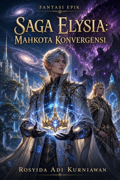 Epic fantasy book cover with a silver-haired human-elf holding a glowing crown before crystal towers and a violet cosmic rift