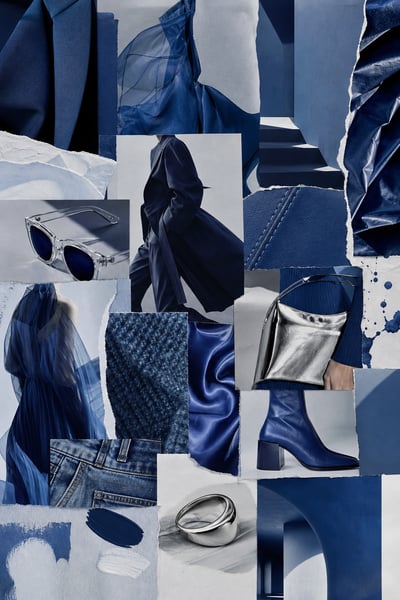 Collage vertical de moda azul con sastrería, vestido translúcido, denim, gafas, bolso plateado y papel rasgado