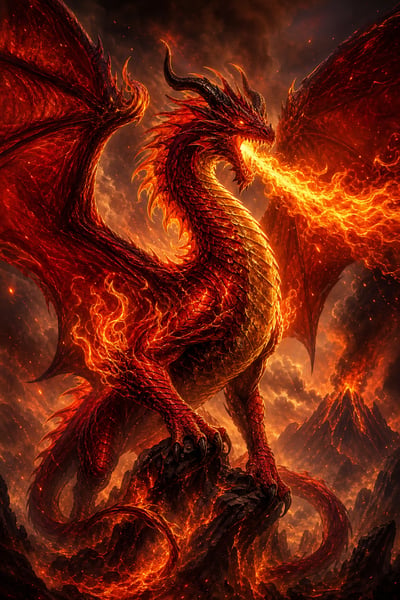 Ember-red dragon with spread wings breathing fire above volcanic rock, lava, smoke, and sparks