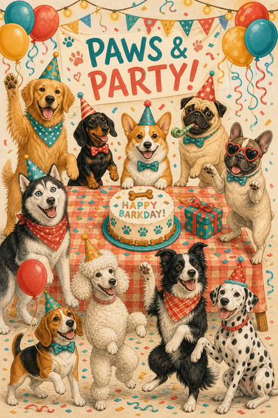 Ten distinct dogs around a paw-print birthday cake at a checked picnic table with balloons, bunting, and confetti