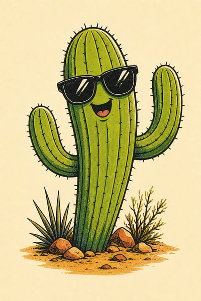 Smiling green saguaro cactus in black sunglasses with desert rocks, agave, and shrubs on cream paper