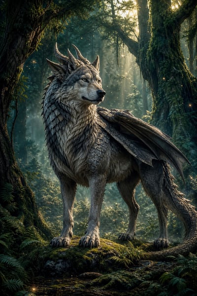 Gray-furred wolf-dragon hybrid with curved horns, layered scales, folded wings, and long tail in a misty forest