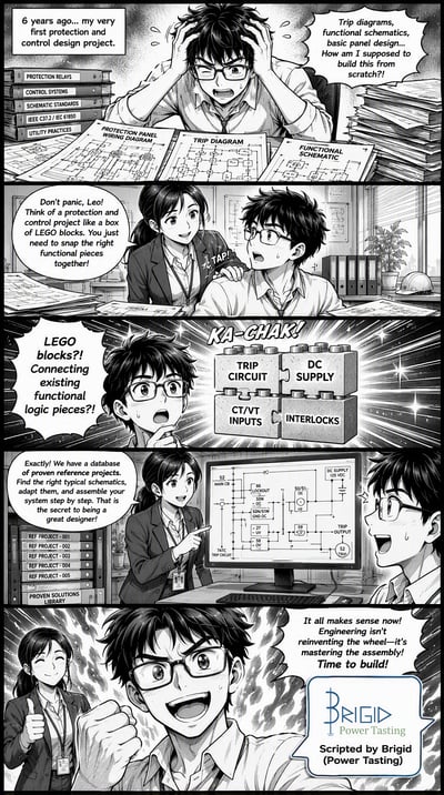 Five-panel black-and-white engineering manga with two engineers, electrical schematics and interlocking functional blocks