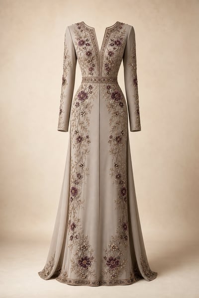 Floor-length ivory couture gown with long sleeves, deep V neckline, and plum-and-gold floral embroidery