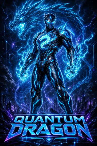 Futuristic armored hero with cyan circuit lines, dragon emblem, lightning, and a glowing energy-dragon backdrop