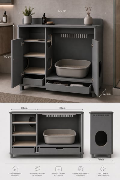 Mueble gris para arenero de gatos con recorrido en zigzag de tres niveles, dos cajones, ventilación y cotas