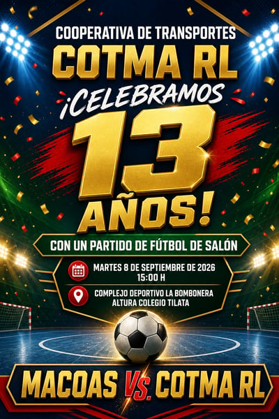 Cartel vertical de aniversario y futsal con gran número dorado, luces de estadio, confeti, cancha y campos editables