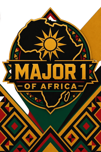 Geometric Major 1 of Africa emblem with black Africa silhouette, gold sunburst and red-green patterned crest