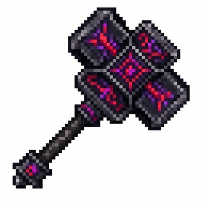 Dark fantasy voxel mace pixel icon with four blocky flanges, charcoal handle, and crimson-violet rune accents