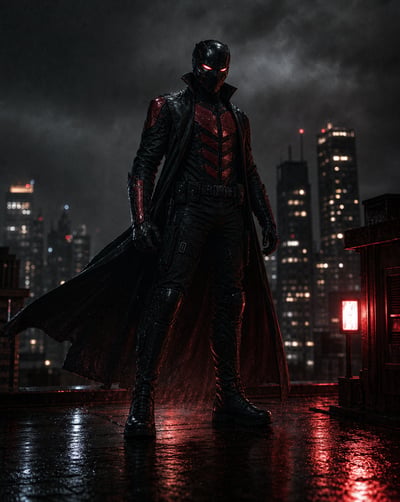 Masked black-and-crimson vigilante on a wet rooftop at night with red eye lights and a blurred city skyline
