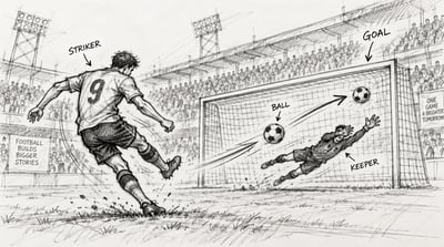 Monochrome hand-drawn football storyboard showing a number 9 striker kicking toward a labeled goal while a goalkeeper dives in front of the