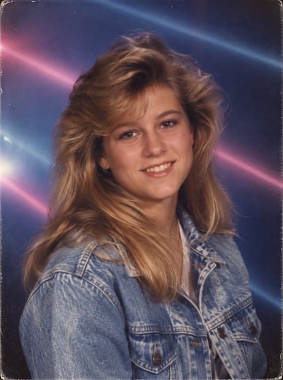 Smiling woman with feathered hair and a denim jacket against diagonal blue and magenta light beams in a grainy yearbook-style portrait.