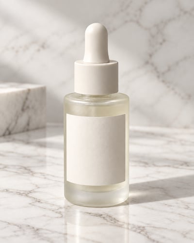 Centered frosted skincare serum bottle with a blank cream label and ivory dropper cap on veined white marble
