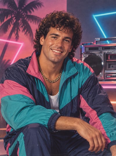 Smiling curly-haired man in a teal, navy, and pink windbreaker and gold chain, seated before neon lights, a palm silhouette, and a boombox.