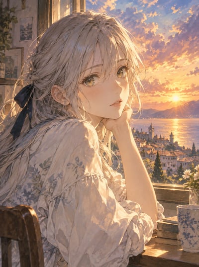 Silver-haired anime woman resting her cheek on one hand beside a window, with a sunset lake, mountains, and a hillside town in the backgroun
