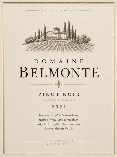 Front-facing cream paper Domaine Belmonte Pinot Noir label with vineyard estate illustration, gold border, 2021 vintage, and tasting notes.