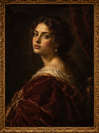 Three-quarter classical portrait of a woman in red velvet and an ivory ruffled neckline within an ornate gold frame, set against a dark back