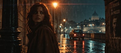 Woman in a dark coat looking over her shoulder on a rainy city street, framed by an amber streetlamp, wet reflections, and blurred lights.