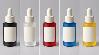 Five matching dropper bottles in black, pearl white, red, blue, and yellow with blank labels in a divided studio grid.