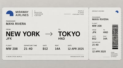 Cream Swiss-style boarding pass for Maya Rivera from New York to Tokyo, with bold black type, blue airline mark, and perforated QR-style stu