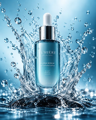 Aqua-blue skincare serum dropper bottle centered above a dark reflective surface, surrounded by a crown-shaped water splash and suspended dr