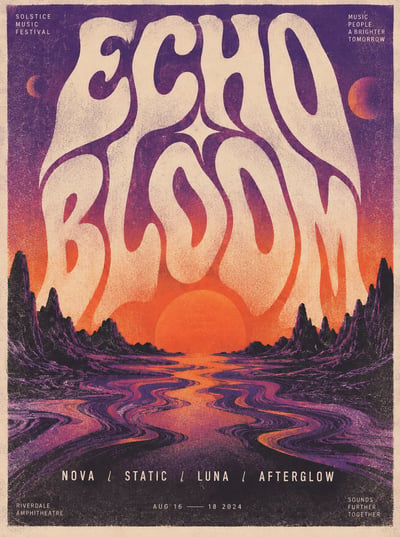 Vertical psychedelic music festival poster with distorted cream ECHO BLOOM lettering, a purple-orange sunset valley, and a winding river.