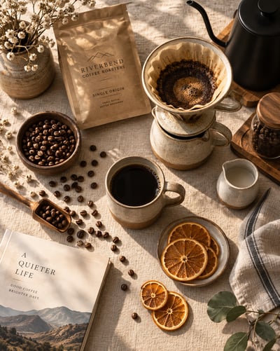 Top-down coffee flat lay with ceramic pour-over, beans, coffee bag, dried orange slices, linen, and warm side light.
