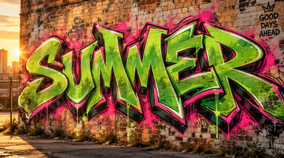 SUMMER in neon green and magenta wildstyle lettering across a weathered brick wall at golden hour