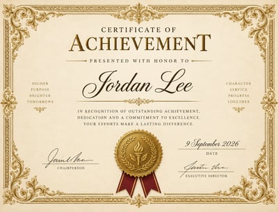 Certificate of achievement for Jordan Lee dated 9 September 2026, framed by ornate gold filigree on cream parchment with a gold seal and red