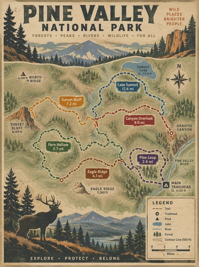 Vintage Pine Valley National Park trail poster with six colored dashed routes on a contour map, mountain scenery, an elk silhouette, compass