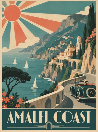 Vertical Art Deco Amalfi Coast poster with coral sun rays, cliffside buildings, sailboats, winding road, classic car, and AMALFI COAST title