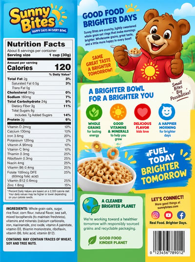 Sunny Bites cereal back panel with a Nutrition Facts table, bear mascot, colorful benefit icons, cereal bowl, and barcode