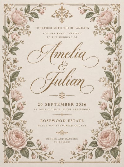 Portrait wedding invitation on textured ivory paper, framed by blush flowers and sage foliage with antique-gold filigree and calligraphic na