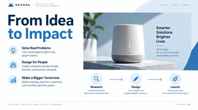 Blue corporate presentation slide with “From Idea to Impact” headline, product photo, three points, and Research–Design–Launch flow.