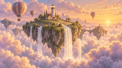 Wide pastel fantasy landscape of a lighthouse on a floating island, with waterfalls, clouds, and hot-air balloons.