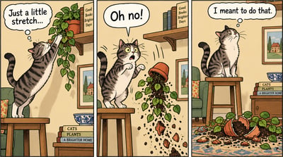 Three-panel newspaper-style comic showing a striped cat reaching for a shelf plant, knocking it down, then posing over the broken pot.