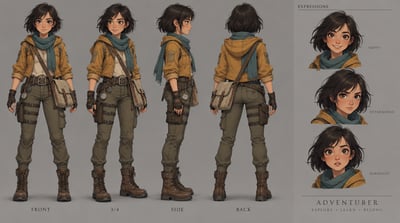 Young adventurer character sheet with front, three-quarter, side, and back views plus three expression close-ups