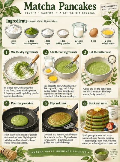 Cream-and-green matcha pancake recipe poster showing ingredients and six illustrated cooking steps