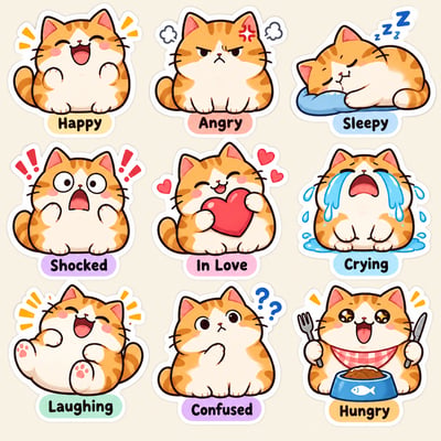 Square 3×3 sticker sheet showing a chubby orange tabby in nine labeled emotions, with pastel captions and white die-cut borders.