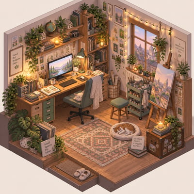 Isometric cutaway of a cozy artist studio with plants, art supplies, string lights, an easel, and cats