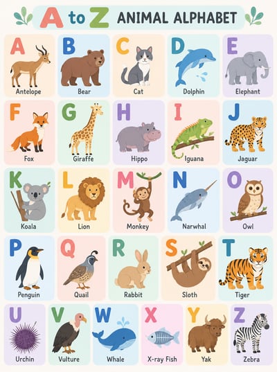 Portrait pastel A to Z animal alphabet poster with 26 labeled animal cards