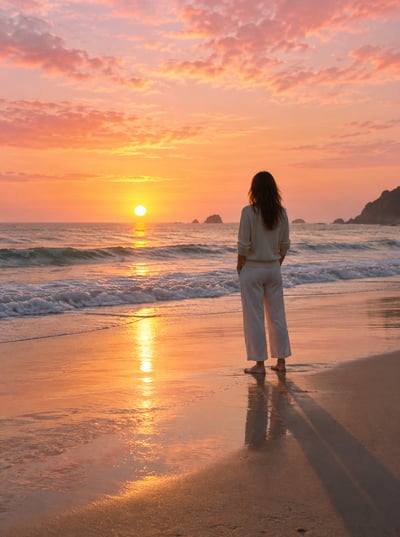 Back-facing person standing barefoot at the waterline during a pink-and-gold sunrise, with gentle waves, wet-sand reflections, and a long sh